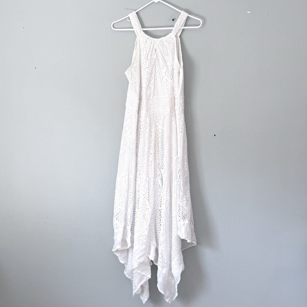 Chicos Dress2 Large White Crochet Lined Midi Handerkerchief Hem Haltered Top